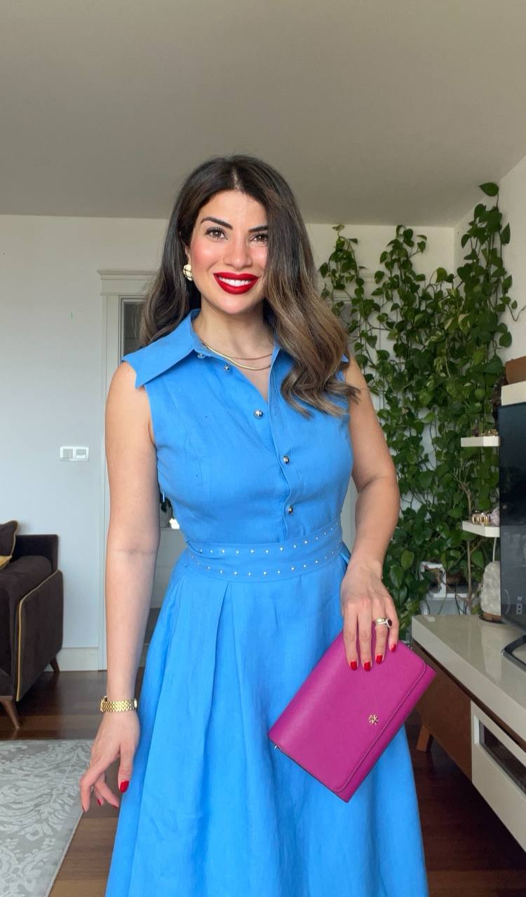 İNCİ DETAYLI MİDİ KETEN ELBİSE – MAVİ