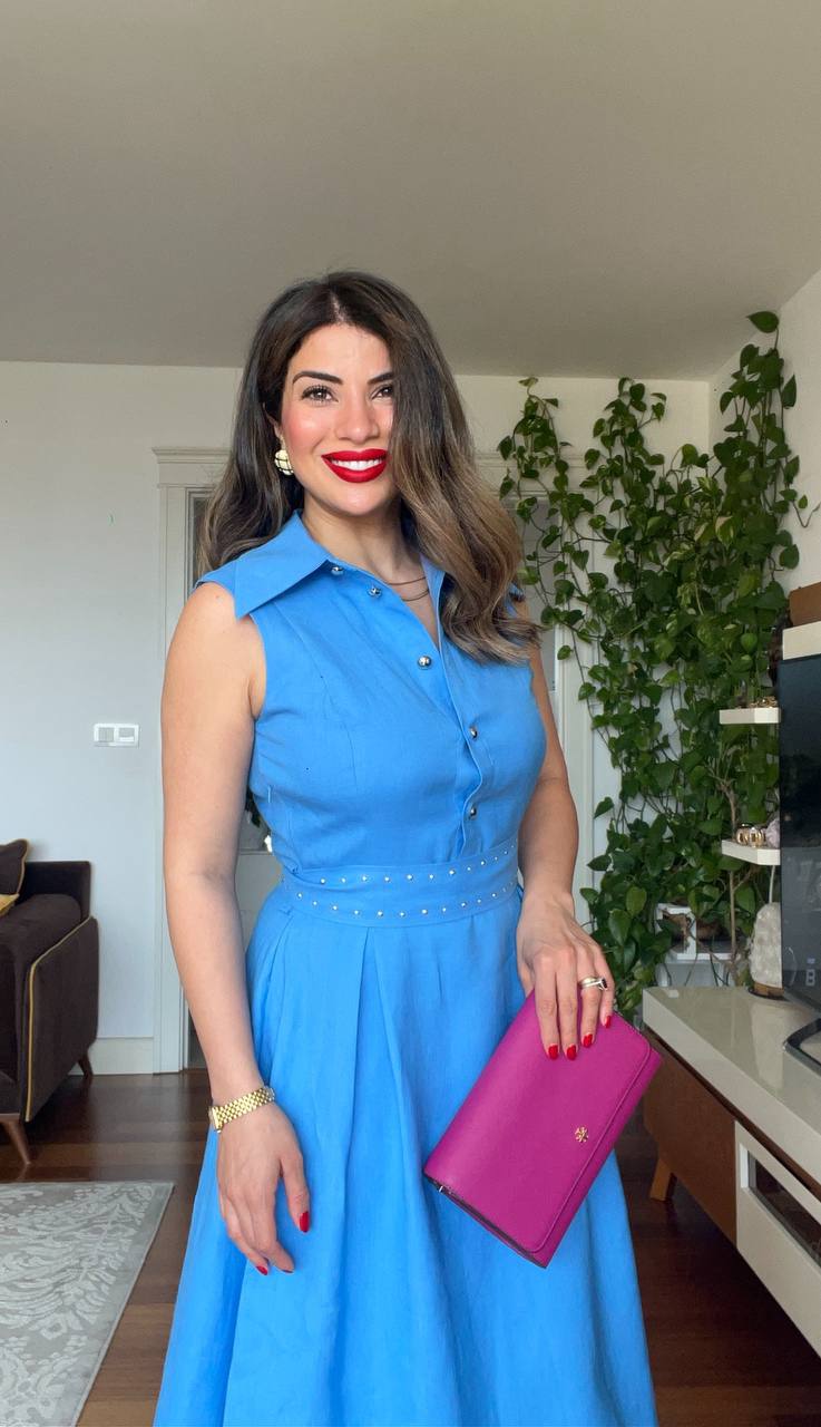 İNCİ DETAYLI MİDİ KETEN ELBİSE – MAVİ