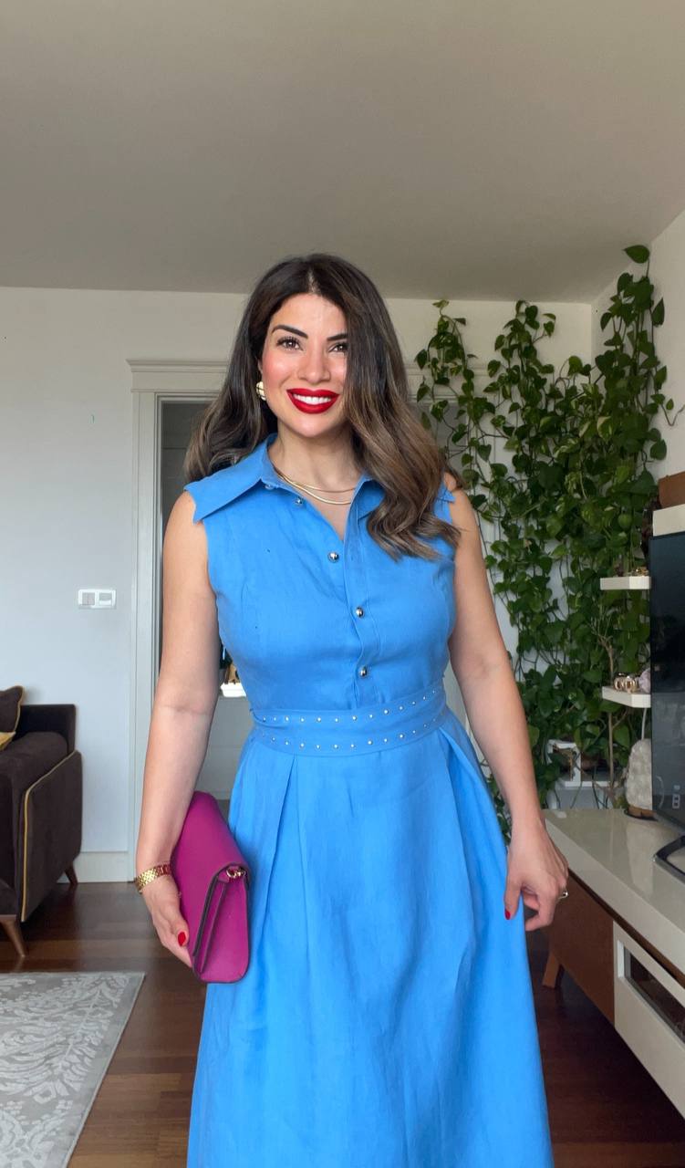 İNCİ DETAYLI MİDİ KETEN ELBİSE – MAVİ