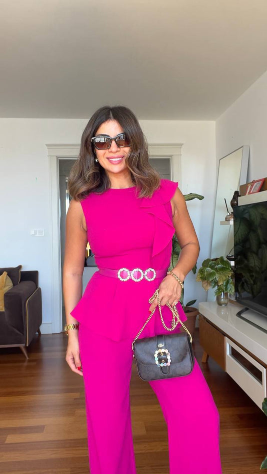 TAŞ KEMER DETAYLI VOLANLI TAKIM - FUŞYA