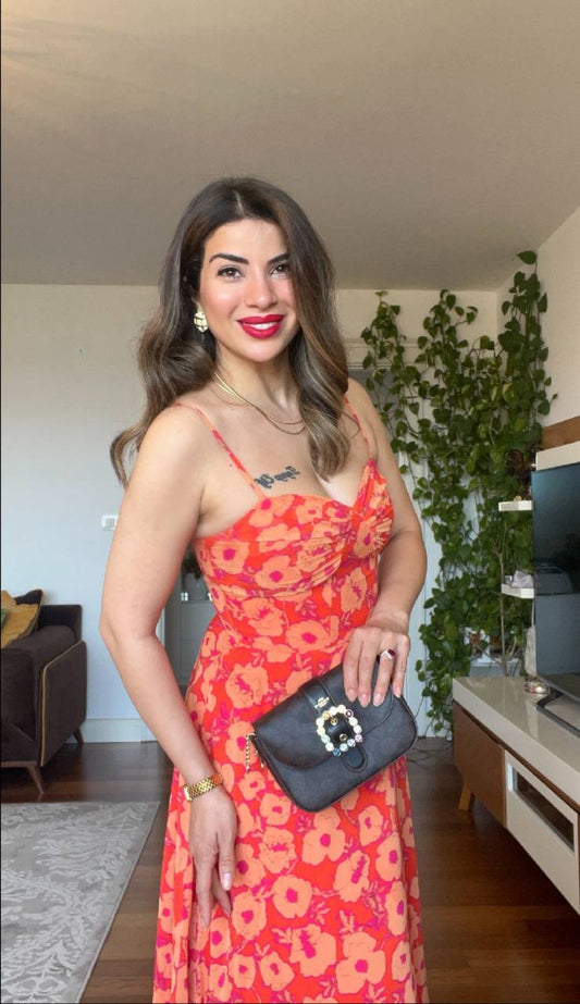 ÇİÇEK DESENLİ ASKILI ELBİSE - TURUNCU