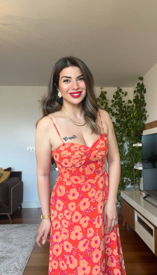 ÇİÇEK DESENLİ ASKILI ELBİSE - TURUNCU