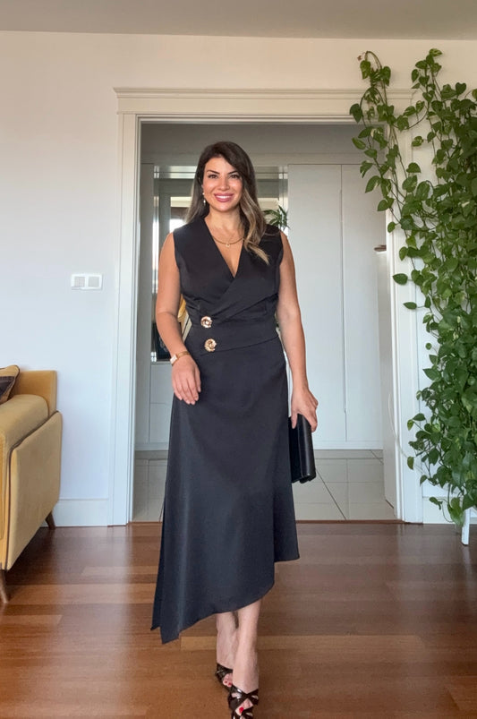 GOLD DÜĞME DETAYLI ELBİSE - SİYAH