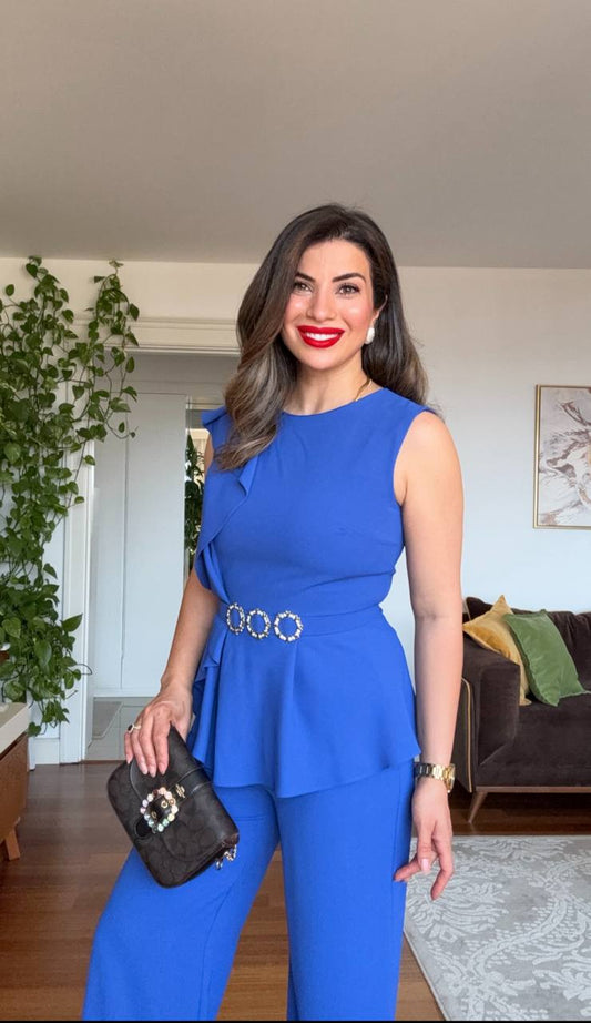 TAŞ KEMER DETAYLI VOLANLI TAKIM - SAKS