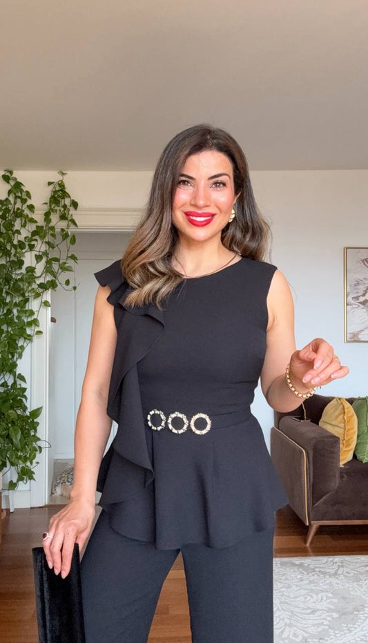 TAŞ KEMER DETAYLI VOLANLI TAKIM - SİYAH