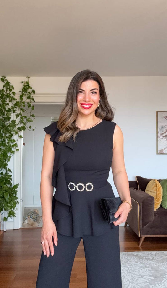 TAŞ KEMER DETAYLI VOLANLI TAKIM - SİYAH