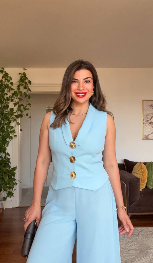 ALTIN DÜĞME DETAYLI BOL PAÇA TAKIM - BEBE MAVİ