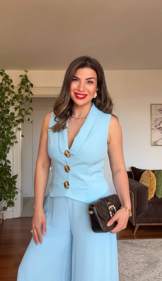 ALTIN DÜĞME DETAYLI BOL PAÇA TAKIM - BEBE MAVİ