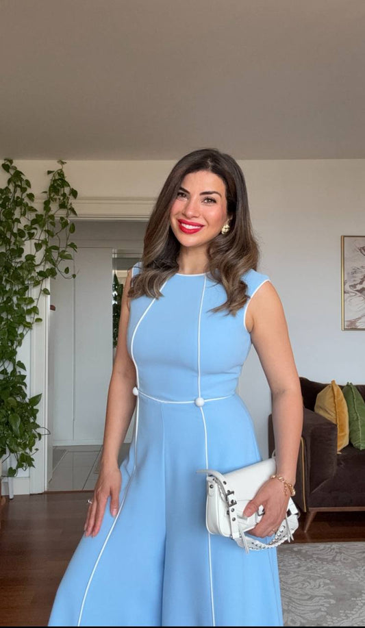 KONTRAST DİKİŞLİ KOLSUZ TULUM - BEBE MAVİSİ