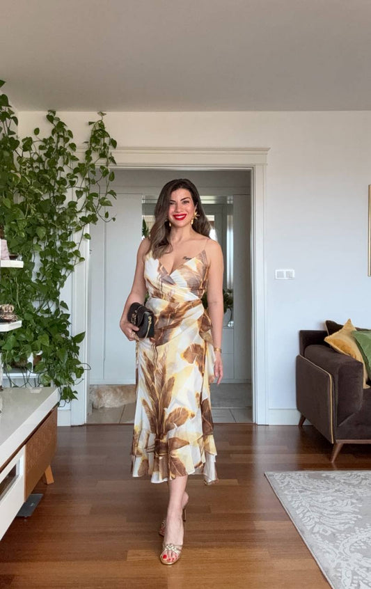 ASKILI ASİMETRİK KESİM ELBİSE - BEJ