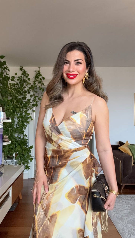 ASKILI ASİMETRİK KESİM ELBİSE - BEJ