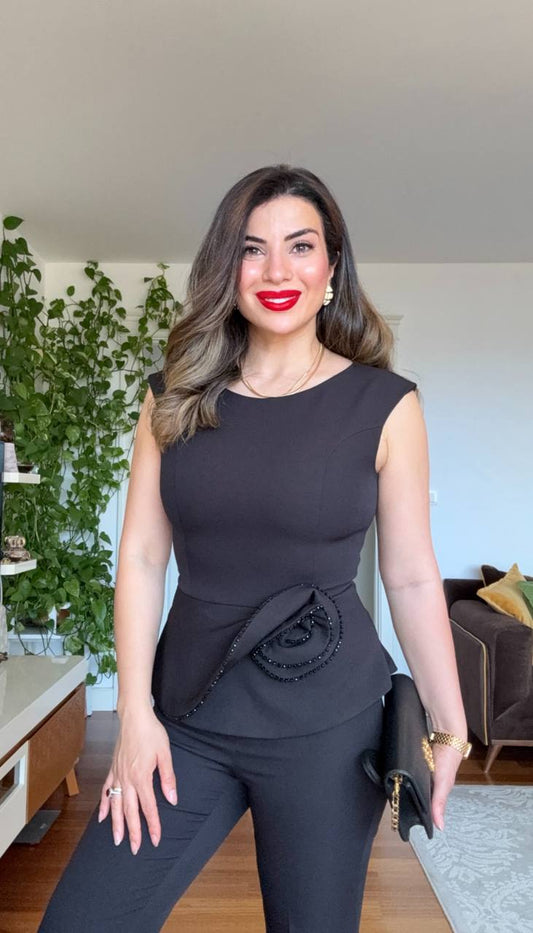 PEPLUM ÇİÇEK DETAYLI TAKIM – SİYAH