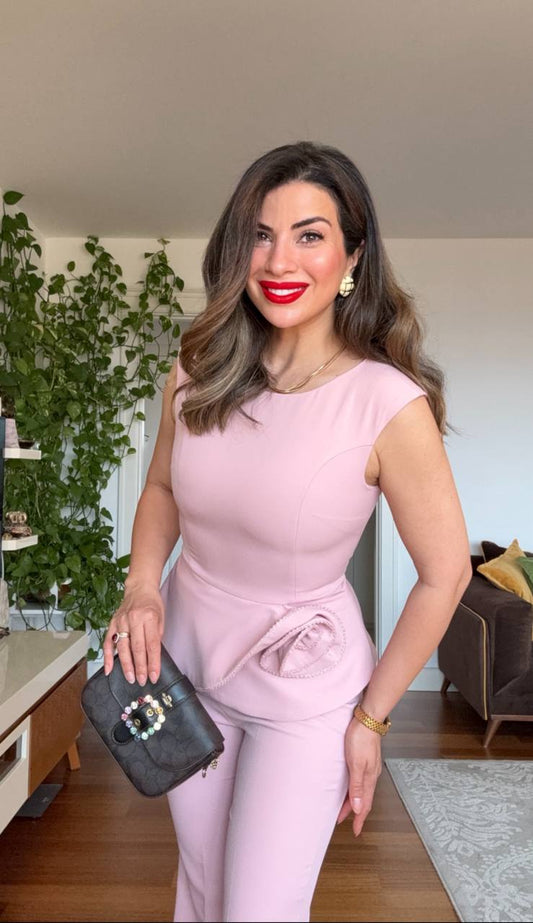 PEPLUM ÇİÇEK DETAYLI TAKIM – PUDRA