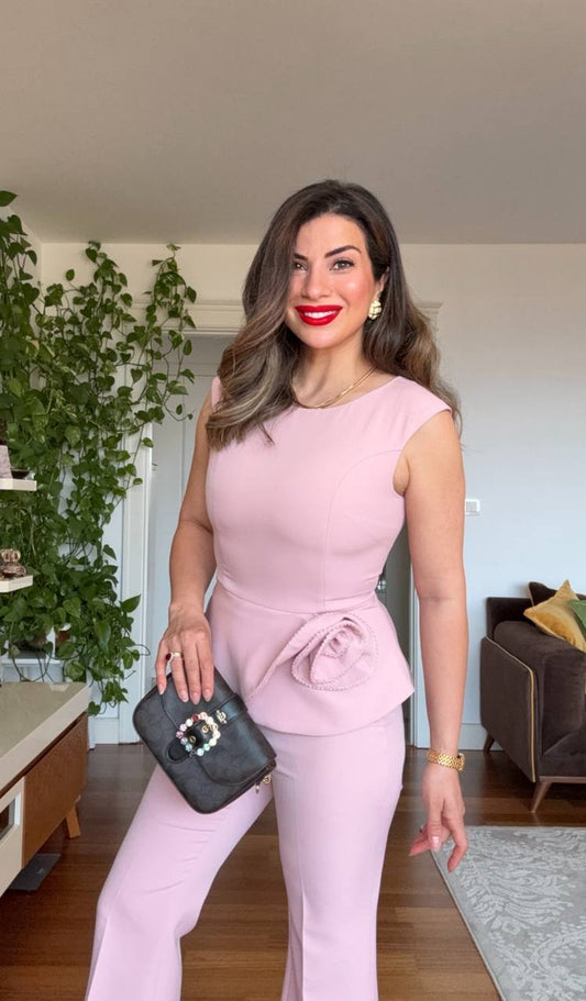 PEPLUM ÇİÇEK DETAYLI TAKIM – PUDRA