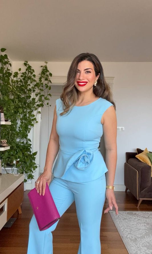 PEPLUM ÇİÇEK DETAYLI TAKIM – BEBE MAVİ