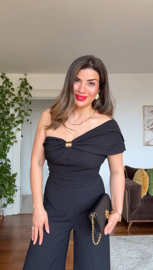 ASİMETRİK OMUZLU METAL TOKALI TULUM - SİYAH