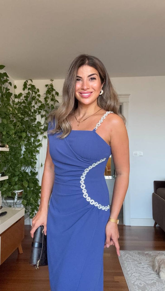 ZİNCİR DETAYLI ABİYE ELBİSE - SAKS MAVİ