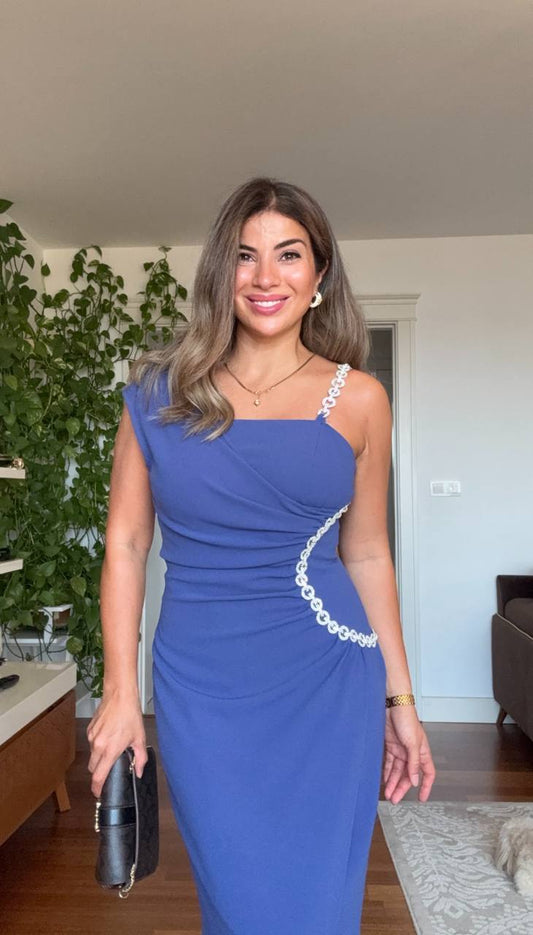 ZİNCİR DETAYLI ABİYE ELBİSE - SAKS MAVİ