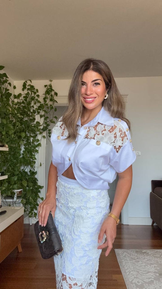 DANTEL DETAYLI GÖMLEK VE KALEM ETEK TAKIM – BEYAZ