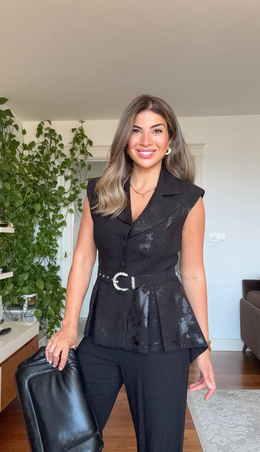 VARAK DETAYLI PEPLUM YELEK TAKIM - SİYAH