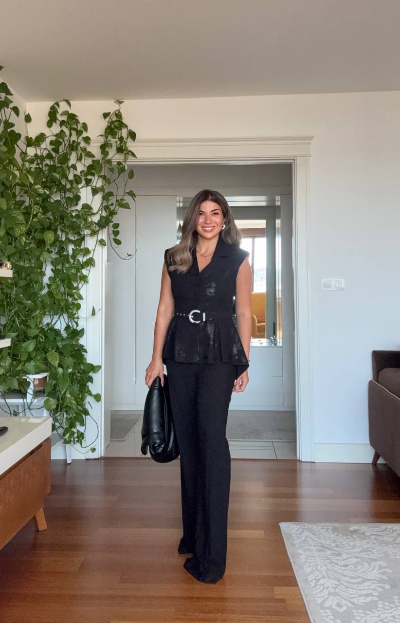 VARAK DETAYLI PEPLUM YELEK TAKIM - SİYAH