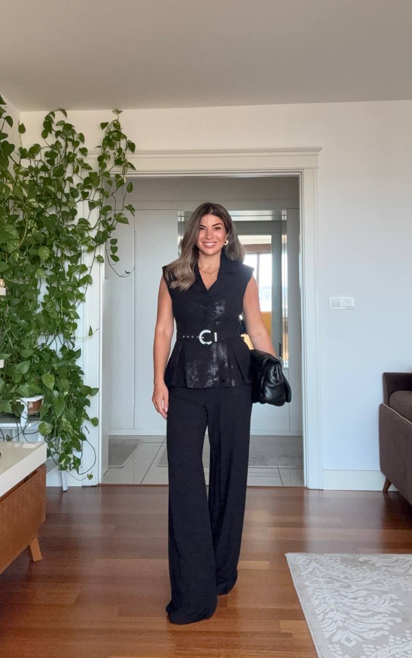 VARAK DETAYLI PEPLUM YELEK TAKIM - SİYAH