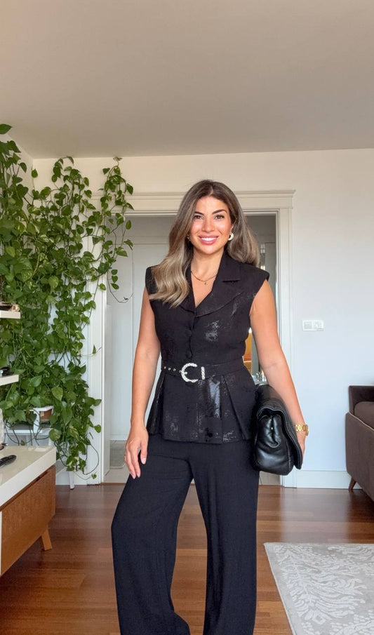 VARAK DETAYLI PEPLUM YELEK TAKIM - SİYAH