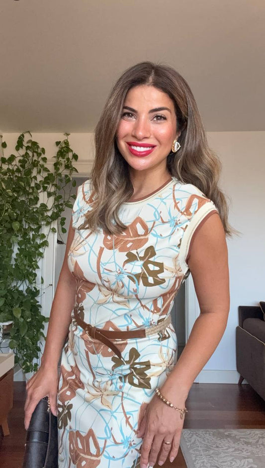 YAPRAK DESENLİ KOLSUZ KEMERLİ YAZLIK ELBİSE - KAHVE