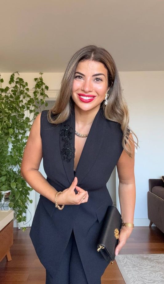 KOLSUZ CEKET & PALAZZO PANTOLON TAKIM - SİYAH