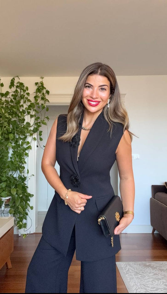 KOLSUZ CEKET & PALAZZO PANTOLON TAKIM - SİYAH