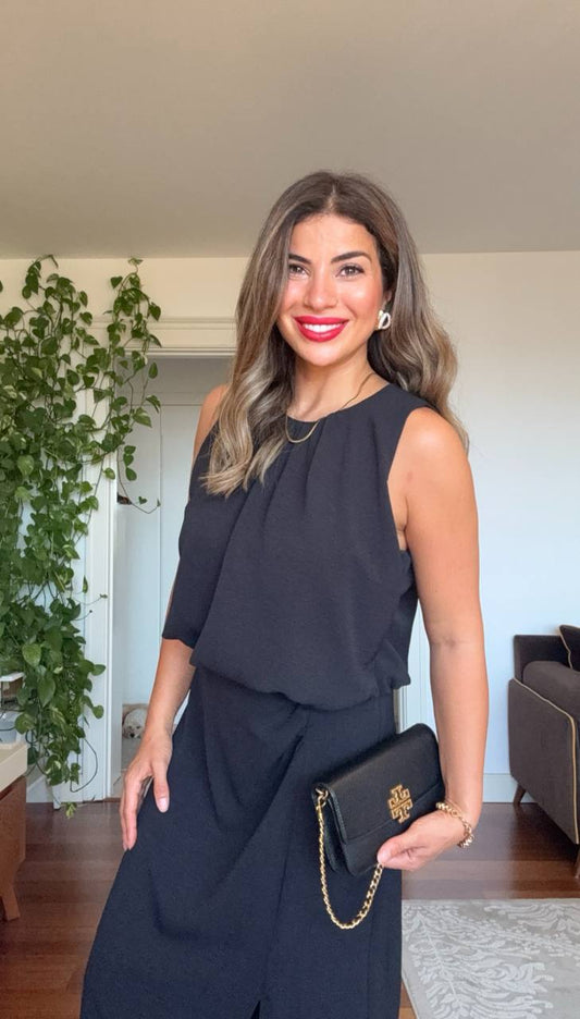 YIRTMAÇ DETAYLI KOLSUZ ŞIK ELBİSE - SİYAH