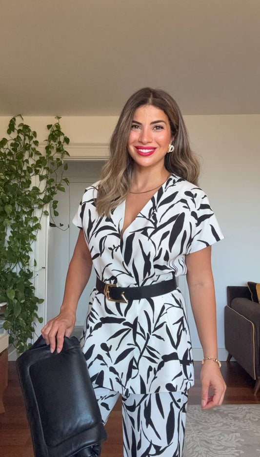 YAPRAK DESENLİ KEMERLİ İKİLİ TAKIM - SİYAH & BEYAZ