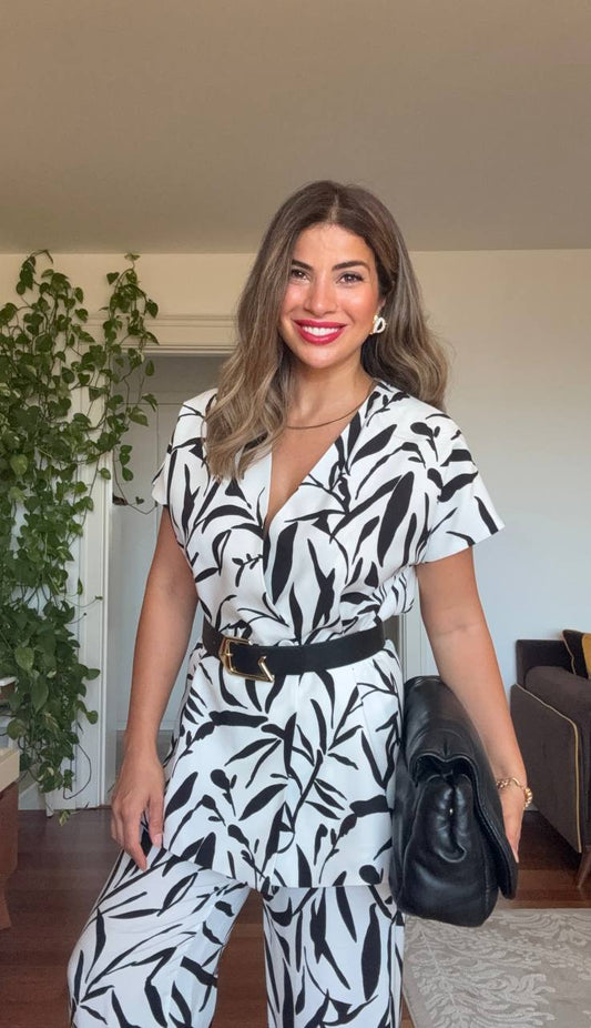 YAPRAK DESENLİ KEMERLİ İKİLİ TAKIM - SİYAH & BEYAZ