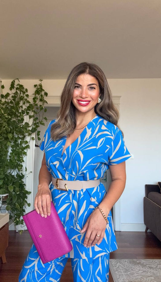 YAPRAK DESENLİ KEMERLİ İKİLİ TAKIM - BEJ & MAVİ