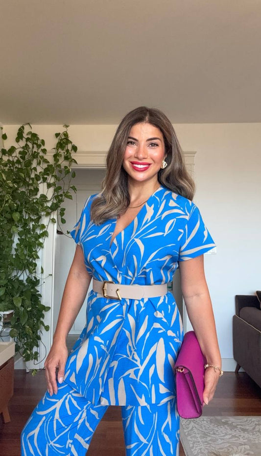 YAPRAK DESENLİ KEMERLİ İKİLİ TAKIM - BEJ & MAVİ