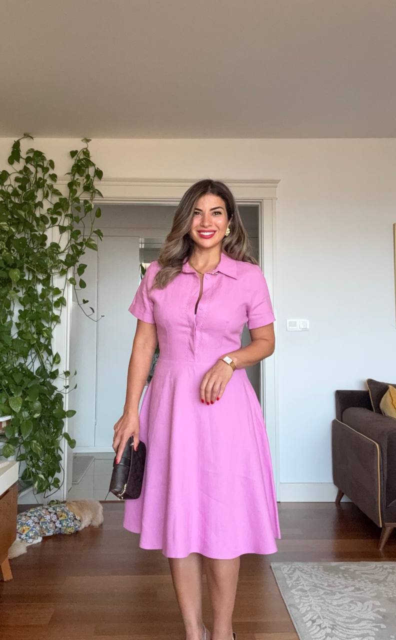 GÖMLEK YAKA DETAYLI KISA KOL ELBİSE - PEMBE