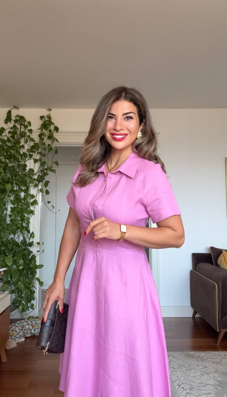 GÖMLEK YAKA DETAYLI KISA KOL ELBİSE - PEMBE
