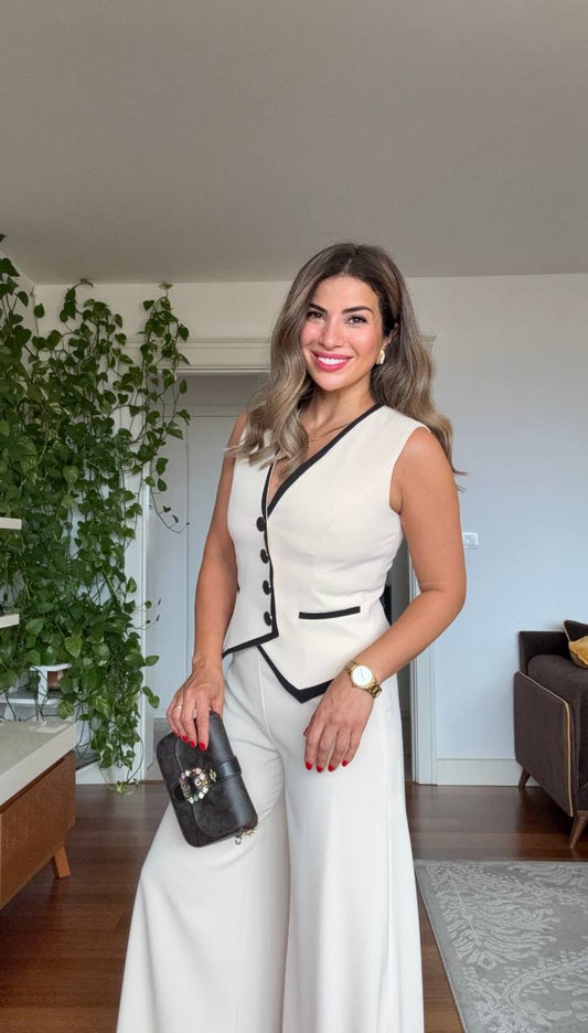 DÜĞME DETAYLI KONTRAST ŞERİTLİ ŞIK TAKIM - BEJ