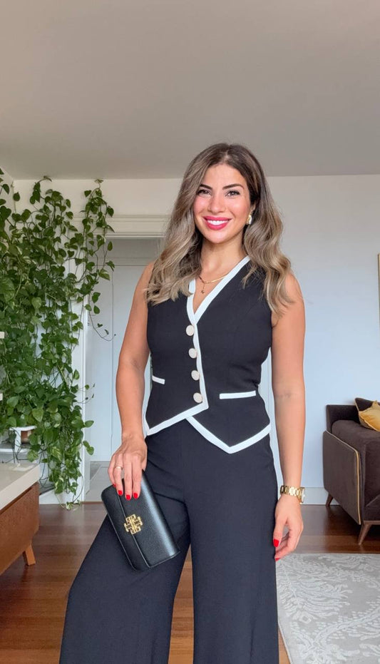 DÜĞME DETAYLI KONTRAST ŞERİTLİ ŞIK TAKIM - SİYAH