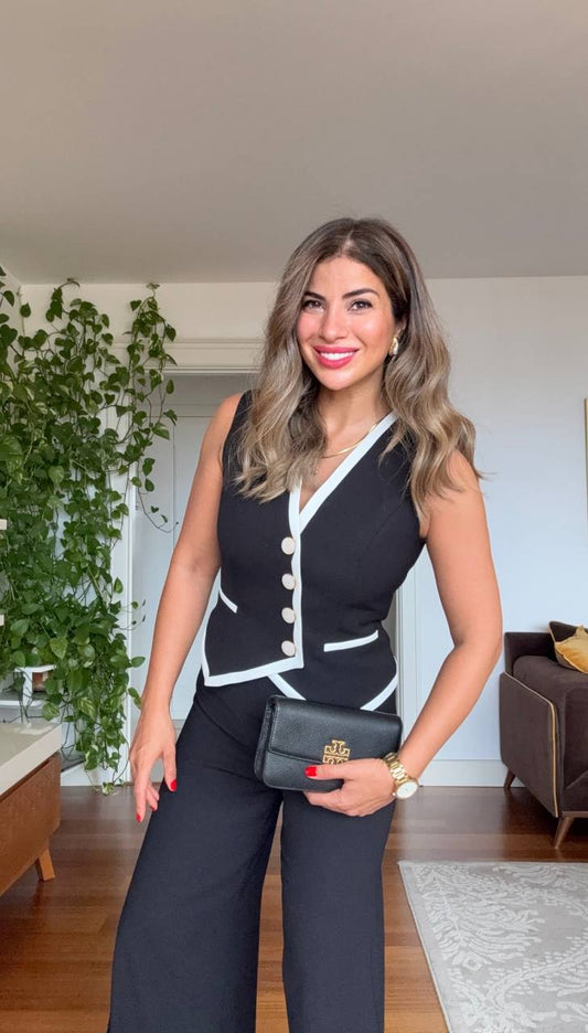 DÜĞME DETAYLI KONTRAST ŞERİTLİ ŞIK TAKIM - SİYAH