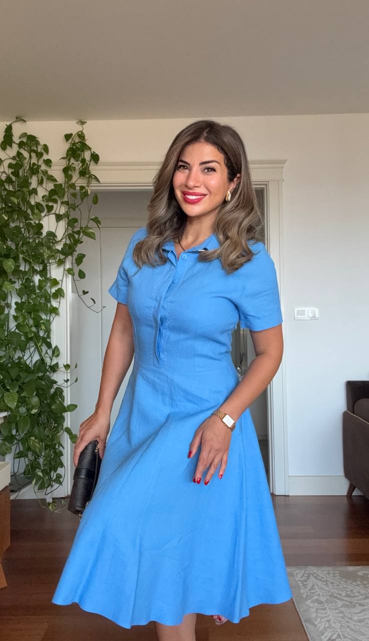 GÖMLEK YAKA DETAYLI KISA KOL ELBİSE - MAVİ