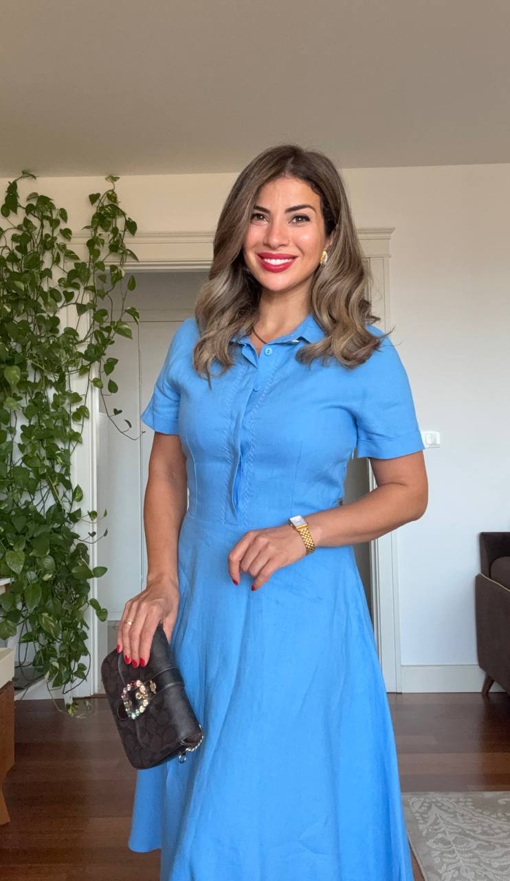 GÖMLEK YAKA DETAYLI KISA KOL ELBİSE - MAVİ