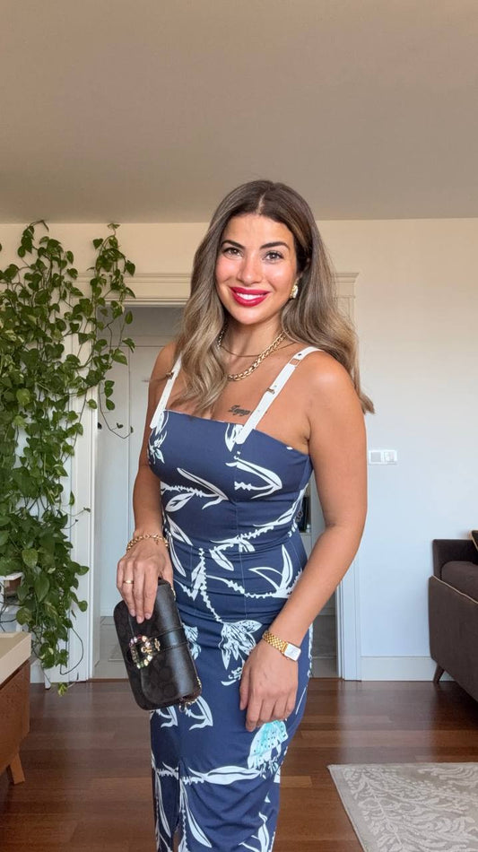 TROPİK ÇİÇEK DESENLİ ASKILI KALEM ELBİSE – BEYAZ & LACİ