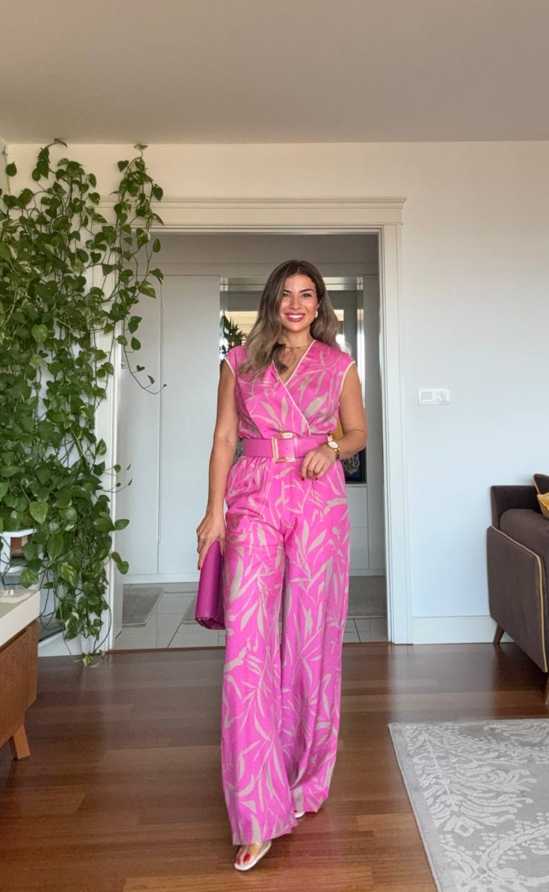KEMERLİ YAPRAK DESENLİ TULUM - PEMBE