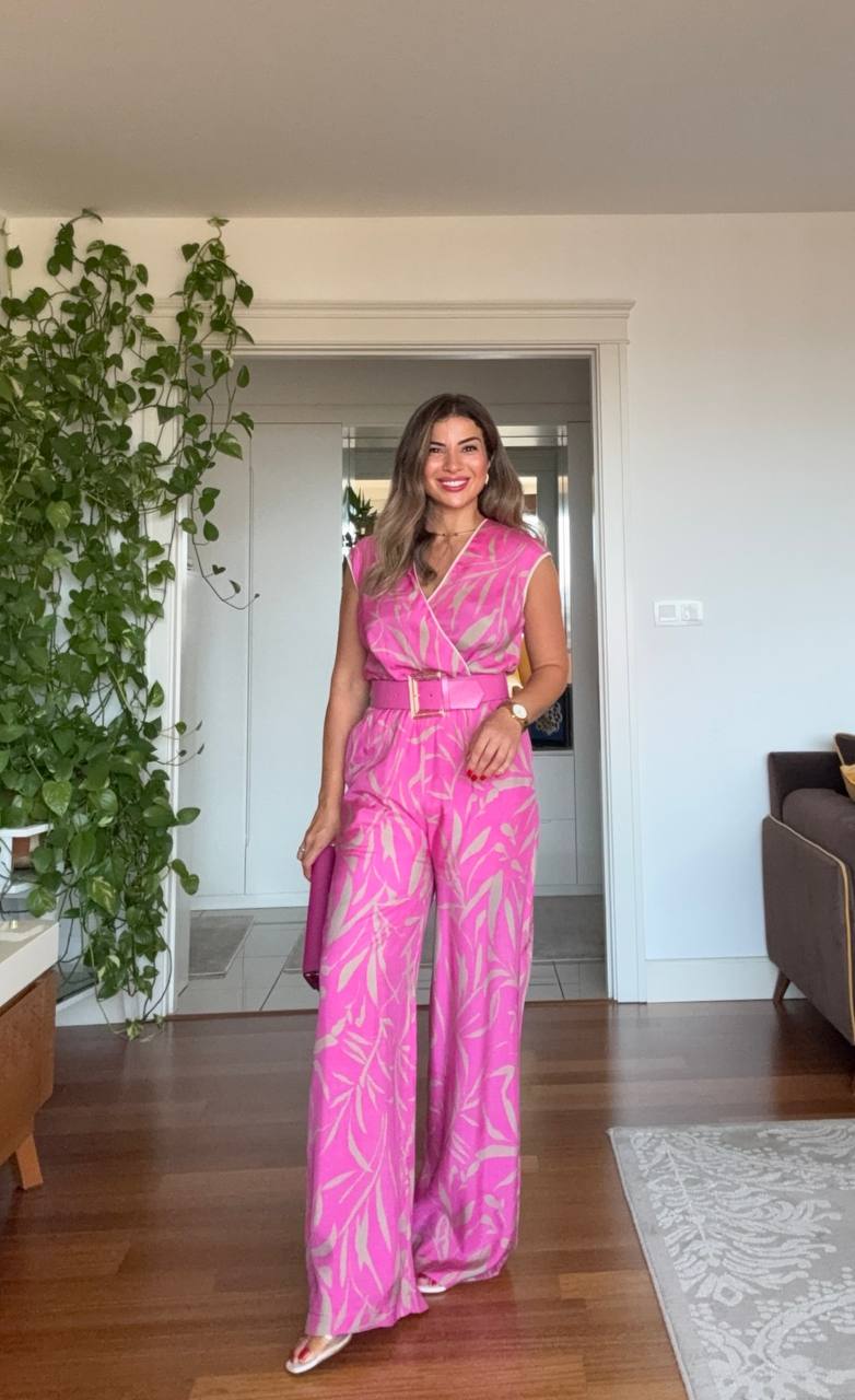 KEMERLİ YAPRAK DESENLİ TULUM - PEMBE