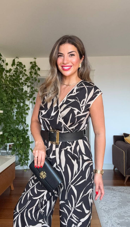 KEMERLİ YAPRAK DESENLİ TULUM - SİYAH