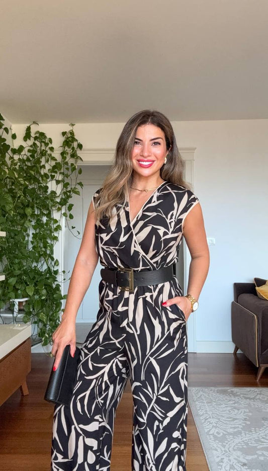 KEMERLİ YAPRAK DESENLİ TULUM - SİYAH