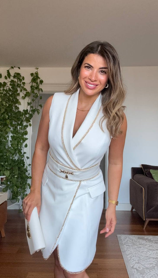 ZİNCİR DETAYLI ELBİSE - BEYAZ