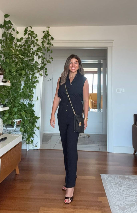 ALTIN DÜĞME DETAYLI KOLSUZ TULUM - SİYAH