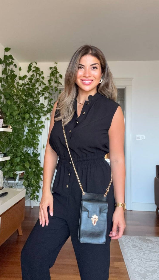 ALTIN DÜĞME DETAYLI KOLSUZ TULUM - SİYAH